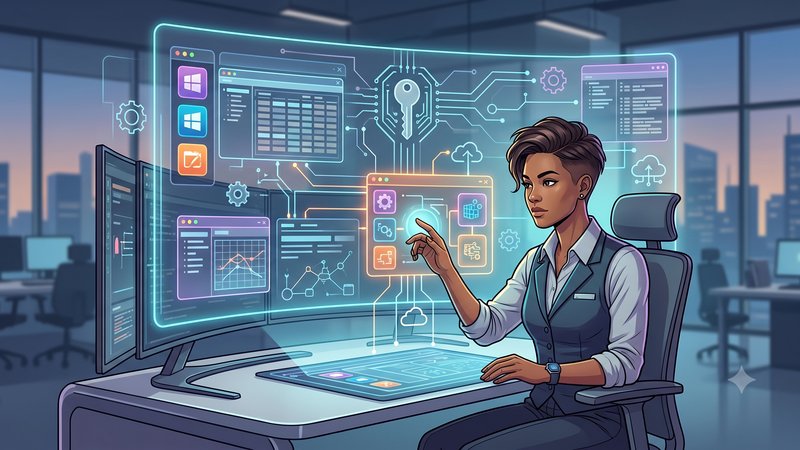 Современная иллюстрация с элементами интерфейса Windows для обзора лучших редакторов системного реестра 2026 года